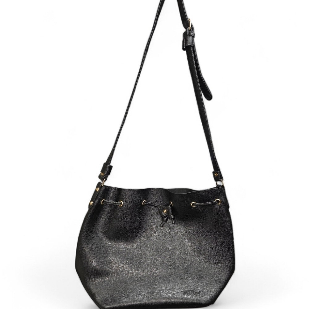 Bella‎ Russo Vegan Leather Pebbled Drawstring Black Bucket Purse w/Gold Hardware